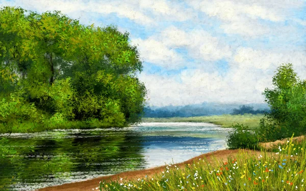 Cyfrowe Obrazy Olejne Krajobraz Wiejski Rzeką Sztuka Piękna — Zdjęcie stockowe