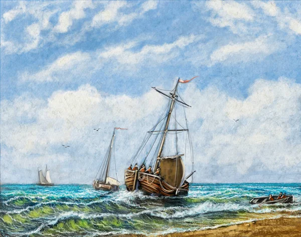 Stará Loď Moři Rybáři Výborné Umění Olejomalby Krajina — Stock fotografie