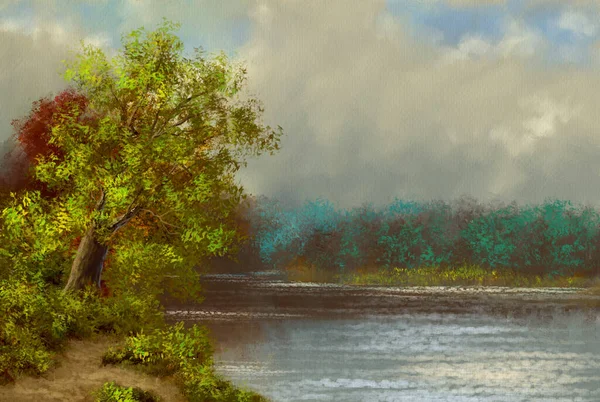 Digital Oil Paintings Rural Landscape River Fine Art Morning River — Stock Photo, Image