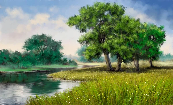Digitale Ölgemälde Sommerlandschaft Bäume Fluss Landschaft Mit Bäumen Und Wasser — Stockfoto