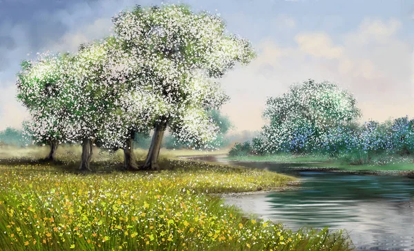 Cyfrowe Obrazy Olejne Wiosenny Krajobraz Drzewa Nad Rzeką Krajobraz Drzewami — Zdjęcie stockowe