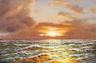 Yağlı boya tabloları deniz manzarası, doku, deniz dalgaları. Sanat eserleri, güzel sanatlar, deniz üzerinde gün batımı.
