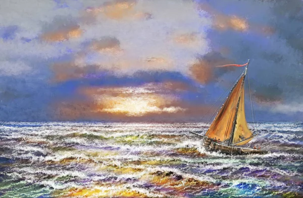 Balıkçı Tekneleri Yağlı Boya Deniz Manzarası Güzel Sanatlar Gün Batımında — Stok fotoğraf