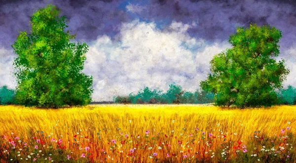 Oil paintings summer landscape, field of flowers and trees, meadow with flowers. Fine art, artwork
