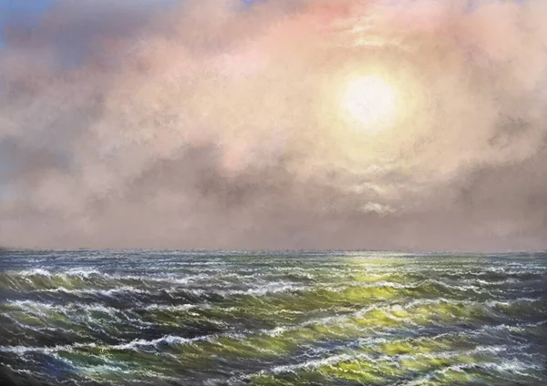 油絵海の風景 海の上の雲 海の上の日没 — ストック写真