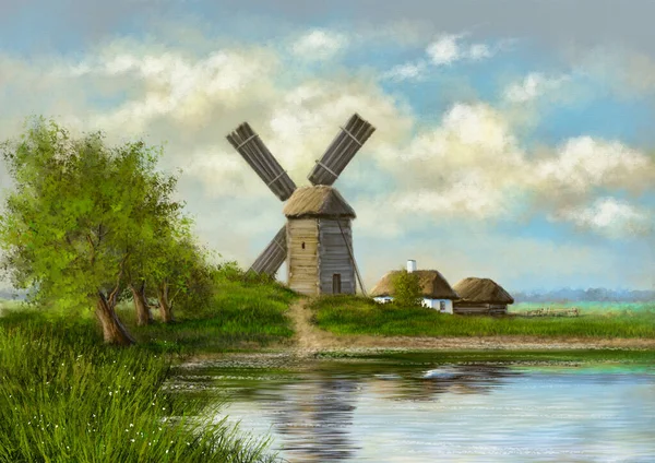 Olieverfschilderijen Riral Landschap Oud Dorp Oude Molen Het Platteland — Stockfoto