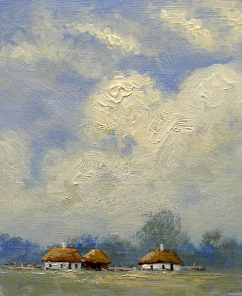 油絵農村風景 ウクライナの古い村 木のある風景 木と家のある風景 美術品 — ストック写真