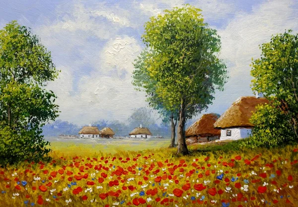 Dipinti Olio Paesaggio Rurale Vecchio Villaggio Ucraina Paesaggio Con Albero — Foto Stock
