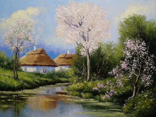 Beautiful Painting Old Ukrainian Village Pastoral Landscape River Huts — Zdjęcie stockowe