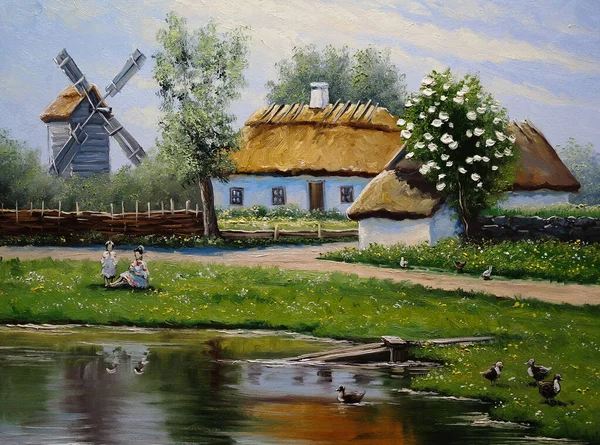 Piękny Krajobraz Starej Ukraińskiej Wsi Polami Duszpasterskimi Chaty — Zdjęcie stockowe
