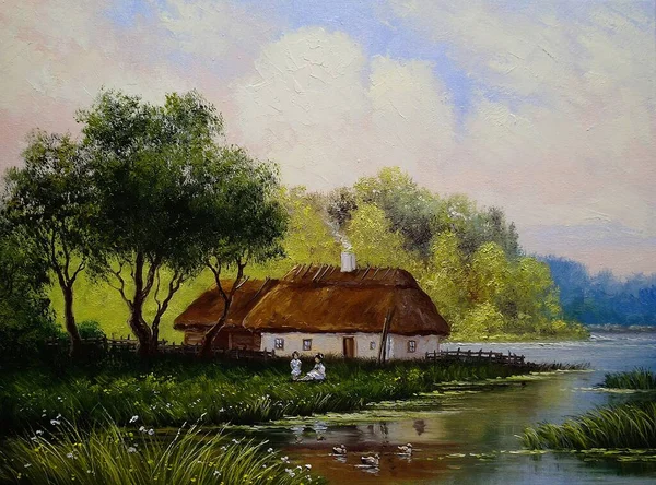 Beautiful Painting Old Ukrainian Village Pastoral Landscape River Huts — Zdjęcie stockowe