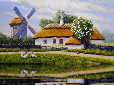 Eski Ukrayna köyünün pastoral manzaralı, yel değirmeni, nehir ve kulübeleri olan güzel bir tablosu.