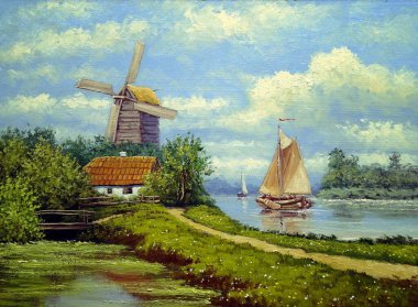 Eski Ukrayna köyünün pastoral manzaralı, yel değirmeni, nehir ve kulübesi olan güzel bir tablosu.