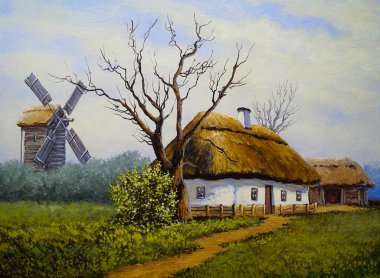 beautiful painting of old Ukrainian village with pastoral landscape, windmill and huts