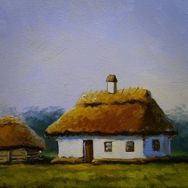 Pastoral manzarası ve kulübeleri olan eski Ukrayna köyünün güzel tablosu.