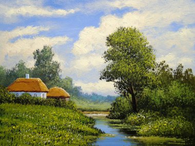 Pastoral tarlaları ve kulübeleri olan eski Ukrayna köyünün güzel manzarası. 