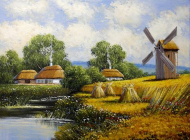 Pastoral tarlaları ve kulübeleri olan eski Ukrayna köyünün güzel manzarası. 