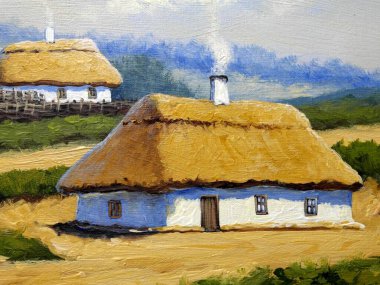 Pastoral manzarası ve kulübeleri olan eski Ukrayna köyünün güzel tablosu.