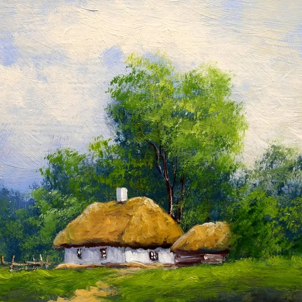 Beautiful Painting Old Ukrainian Village Pastoral Landscape Huts — стоковое фото