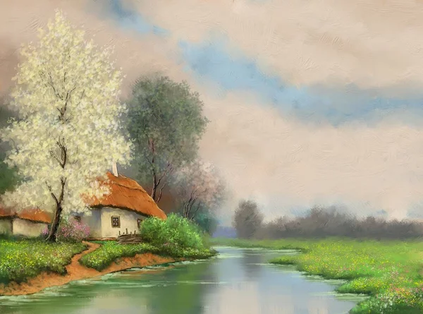 beautiful painting of old Ukrainian village with pastoral landscape, river and huts