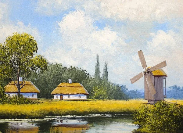 Beautiful Painting Old Ukrainian Village Pastoral Landscape Windmill River Huts — Photo