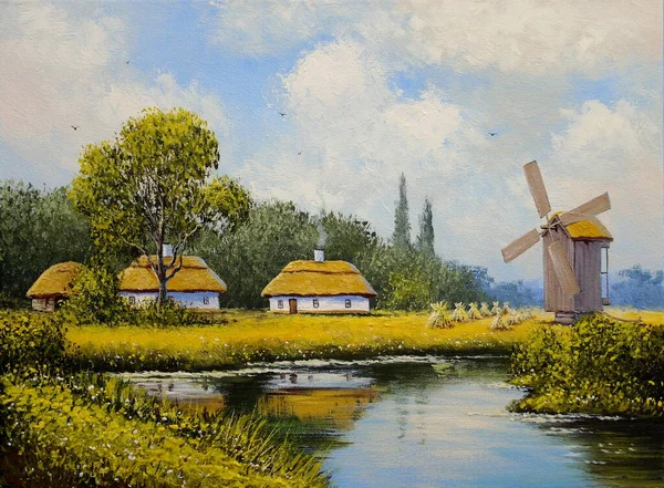 Beautiful Painting Old Ukrainian Village Pastoral Landscape Windmill River Huts — стоковое фото