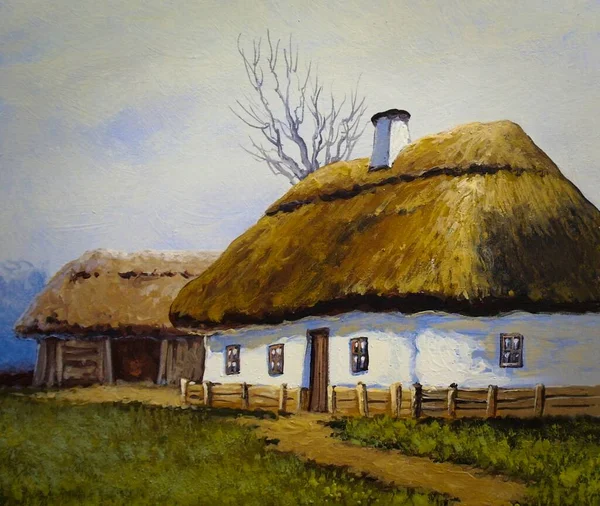 Beautiful Painting Old Ukrainian Village Pastoral Landscape Huts — Φωτογραφία Αρχείου