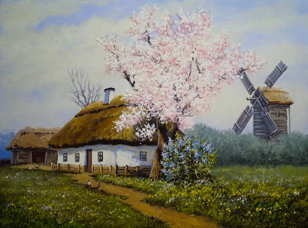 Beautiful Painting Old Ukrainian Village Pastoral Landscape Windmill Huts — Foto Stock