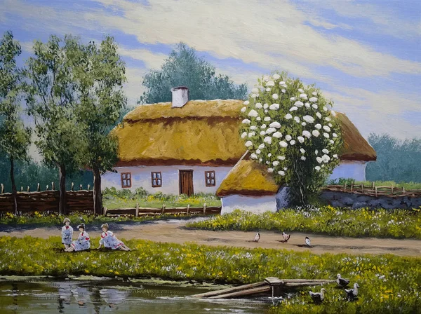 Beautiful Painting Old Ukrainian Village Pastoral Landscape River Huts — Zdjęcie stockowe