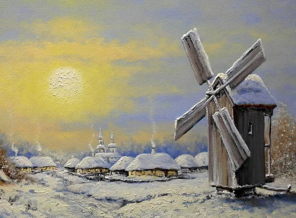 Peinture Paysage Vieux Village Hiver — Photo