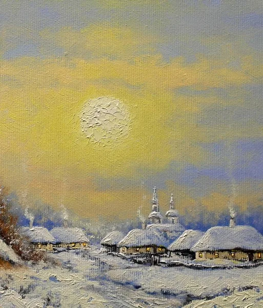 Pittura Paesaggio Del Vecchio Villaggio Invernale — Foto Stock