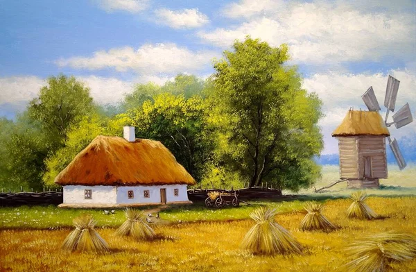 Beautiful Painting Old Ukrainian Village Pastoral Landscape Huts — Zdjęcie stockowe