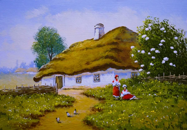 beautiful painting of old Ukrainian village with pastoral landscape and huts