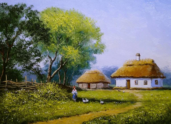 Beautiful Painting Old Ukrainian Village Pastoral Landscape Huts — Stockfoto