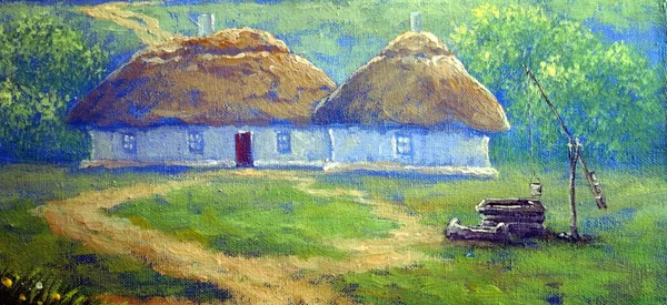 Beautiful Painting Old Ukrainian Village Pastoral Landscape Huts — Φωτογραφία Αρχείου