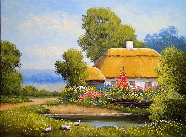 Beautiful Painting Old Ukrainian Village Pastoral Landscape Huts — Fotografia de Stock