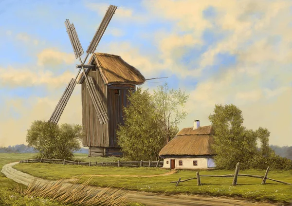 Beautiful Painting Old Ukrainian Village Pastoral Landscape Windmill Hut — Stockfoto