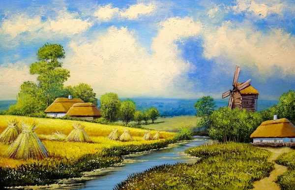 Beautiful Painting Old Ukrainian Village Pastoral Landscape Windmill Huts — Photo