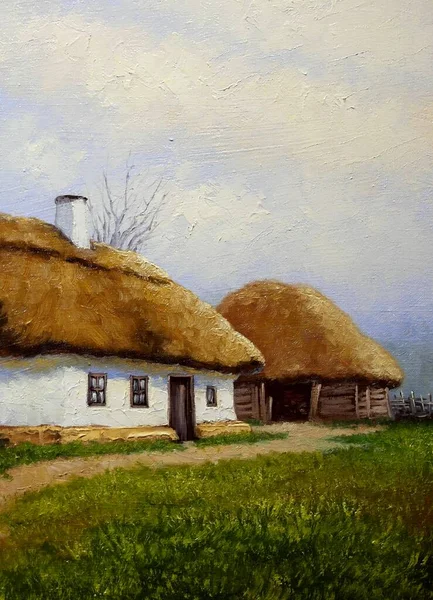 Beautiful Painting Old Ukrainian Village Pastoral Landscape Huts — стоковое фото