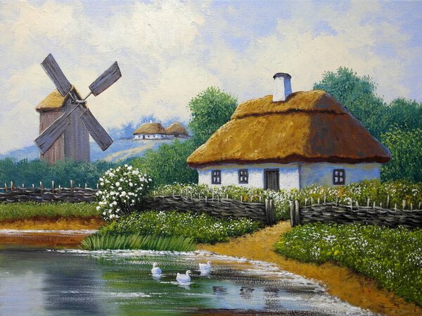 beautiful painting of old Ukrainian village with pastoral landscape, windmill and hut