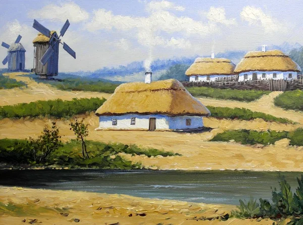 Beautiful Painting Old Ukrainian Village Pastoral Landscape Windmills River Huts — Fotografia de Stock