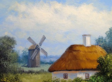 Pastoral tarlaları ve kulübeleri olan eski Ukrayna köyünün güzel manzarası. 