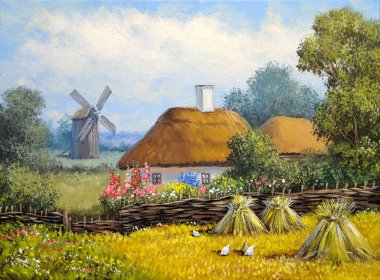 Pastoral manzarası ve kulübeleri olan eski Ukrayna köyünün güzel tablosu.