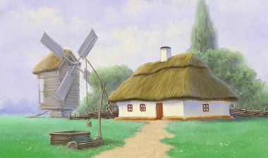 Pastoral tarlaları ve kulübeleri olan eski Ukrayna köyünün güzel manzarası. 