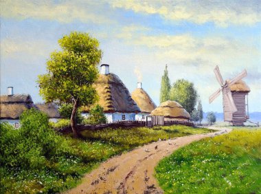 Pastoral tarlaları ve kulübeleri olan eski Ukrayna köyünün güzel manzarası. 