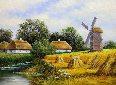 Pastoral tarlaları ve kulübeleri olan eski Ukrayna köyünün güzel manzarası. 