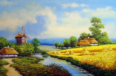 beautiful painting of old Ukrainian village with pastoral landscape, windmill, river and huts