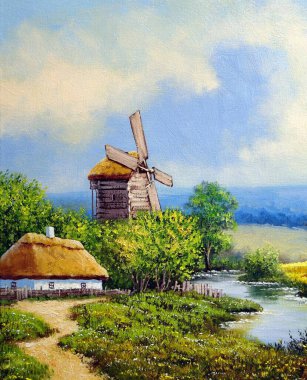 Pastoral manzaralı, yel değirmenli ve kulübeli eski Ukrayna köyünün güzel bir tablosu.