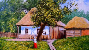 beautiful landscape of old Ukrainian village with pastoral fields and huts 
