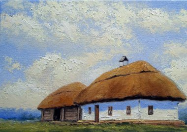 Pastoral manzarası ve kulübeleri olan eski Ukrayna köyünün güzel tablosu.